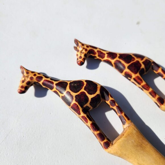 New Hand Carved Wood Giraffe Fork Spoon Serving Set Safari African Folk Art Sala - Picture 6 of 12